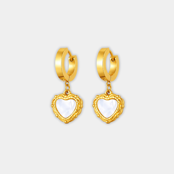 Gold Drop Earrings Fiadh with Mother-of-Pearl Heart