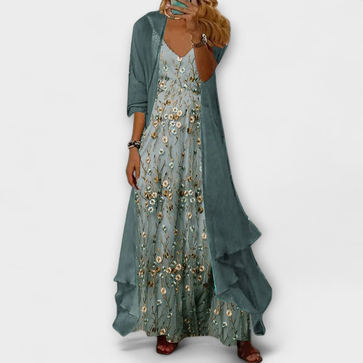 Mara - Graugrünes Maxikleid mit Jacke (2-teiliges Set)