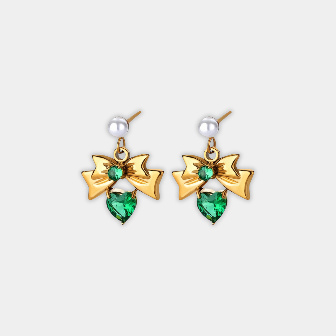 Gold Drop Earrings Méabh with Emerald and Bow