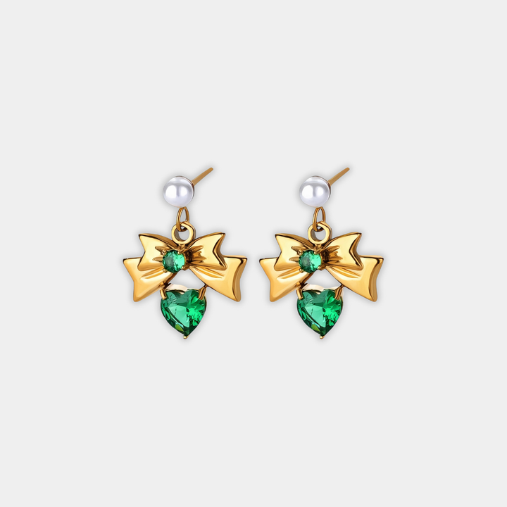 Gold Drop Earrings Méabh with Emerald and Bow