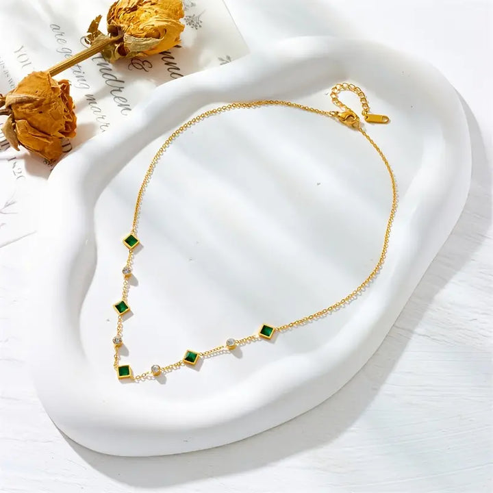 Gold Station Necklace Nuala with Emerald