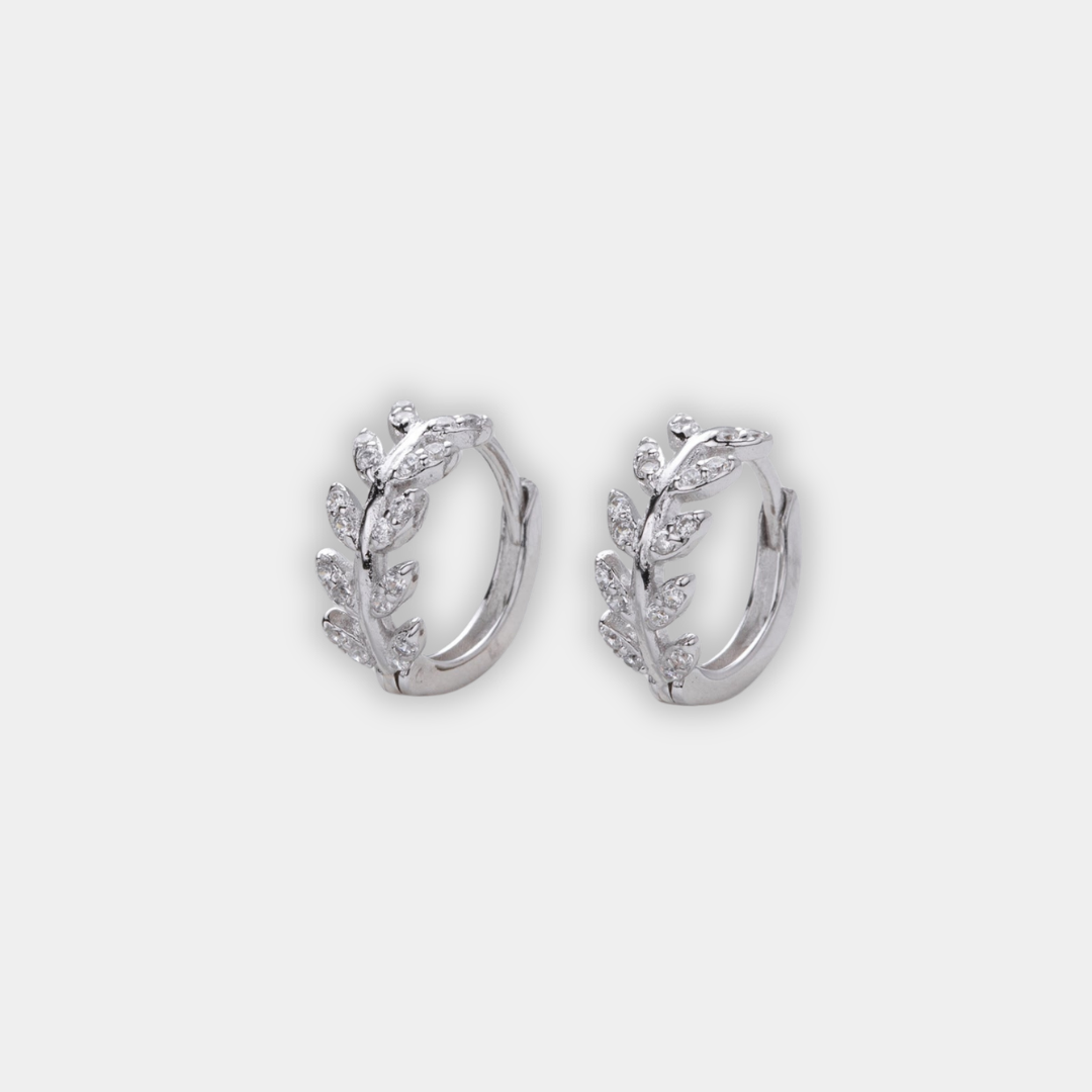 Silver Hoop Earrings Aisling with Laurel Leaf Motif