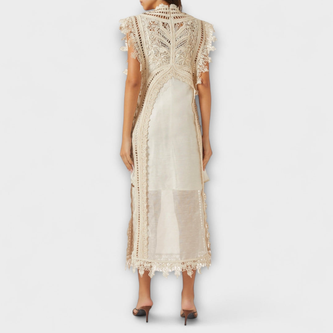 Mira - Cremefarbenes Organza-Maxikleid mit Spitze