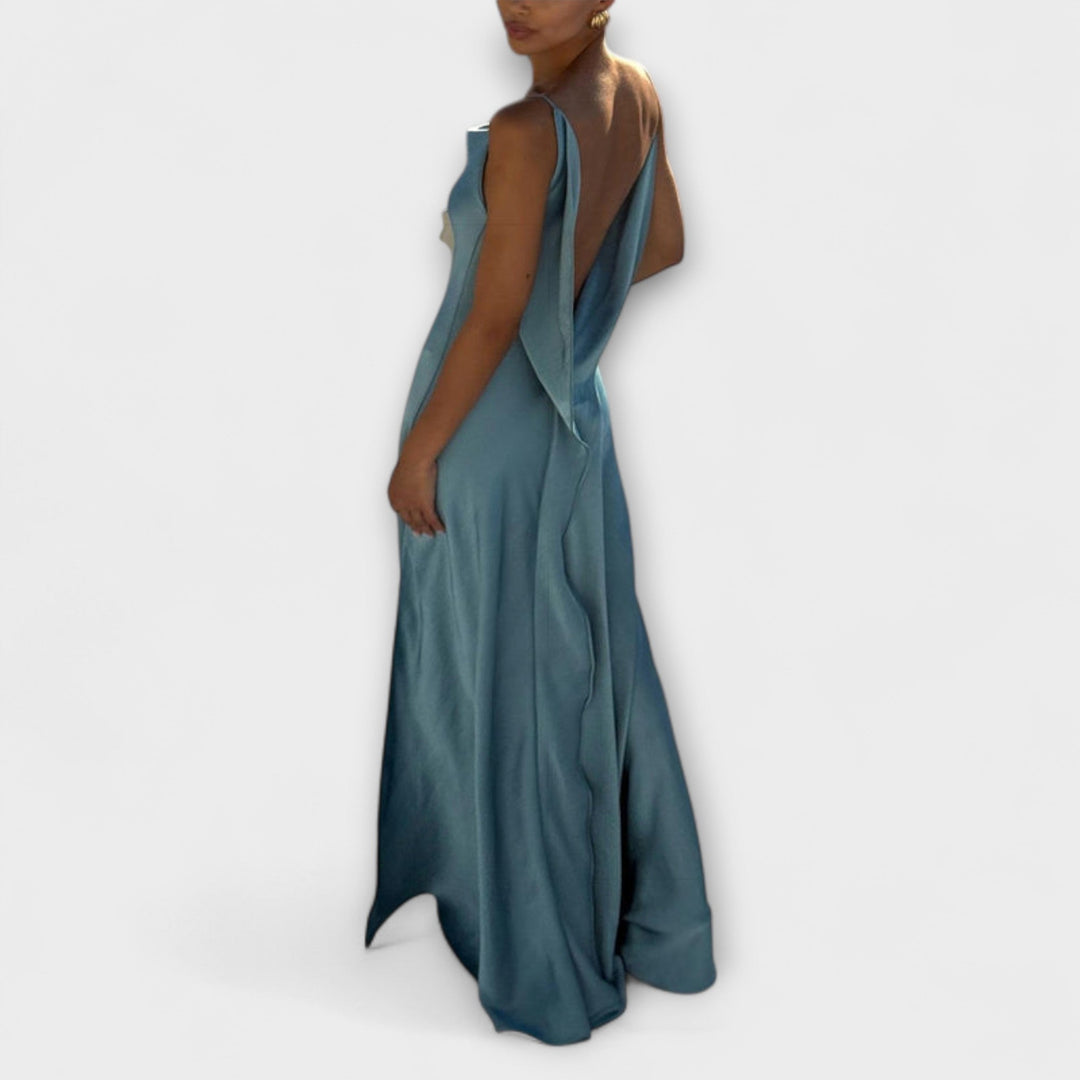 Hallie - Blaues Satin-Maxikleid mit hohem Schlitz