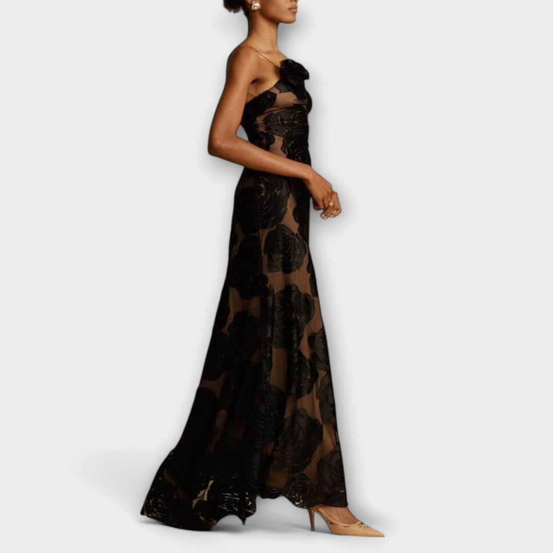 Sara - Schwarzes Maxikleid mit floralem Muster