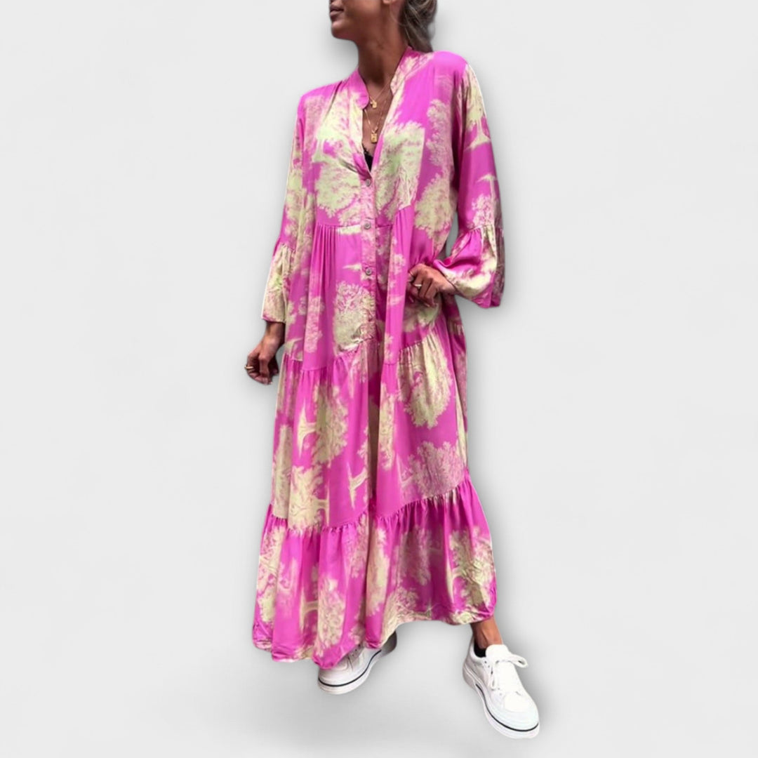 Nerina - Beiges Maxikleid mit Aquarellmuster