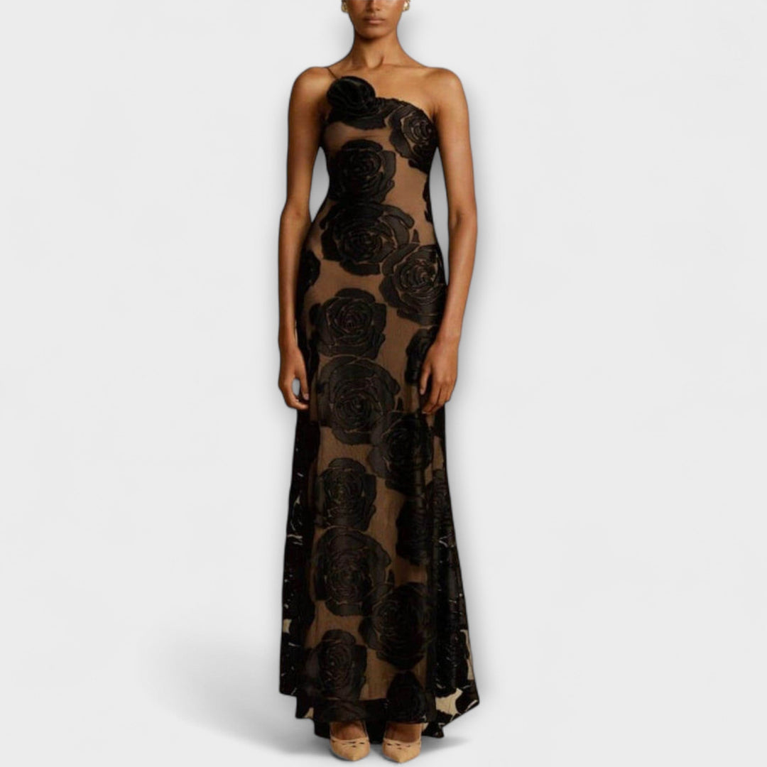 Sara - Schwarzes Maxikleid mit floralem Muster