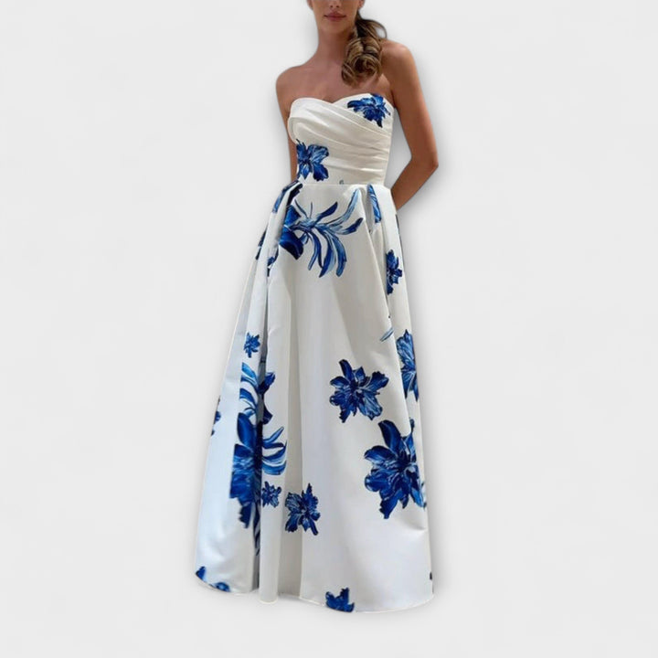 Rosalie - Weiss-blaues Off-Shoulder-Maxikleid mit Blüten