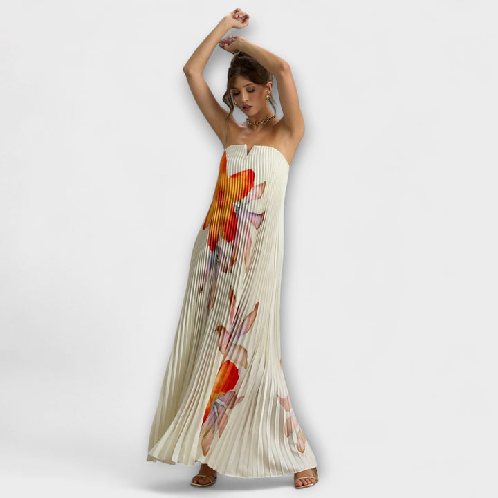 Michelle - Cremefarbenes Maxikleid mit orangem Blütenmuster