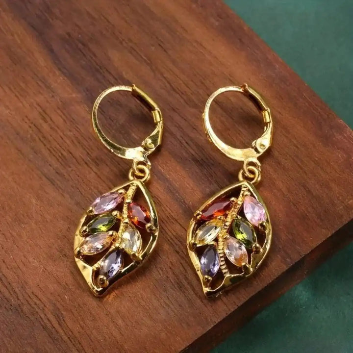 Gold Drop Earrings Galway with Multicoloured Crystals
