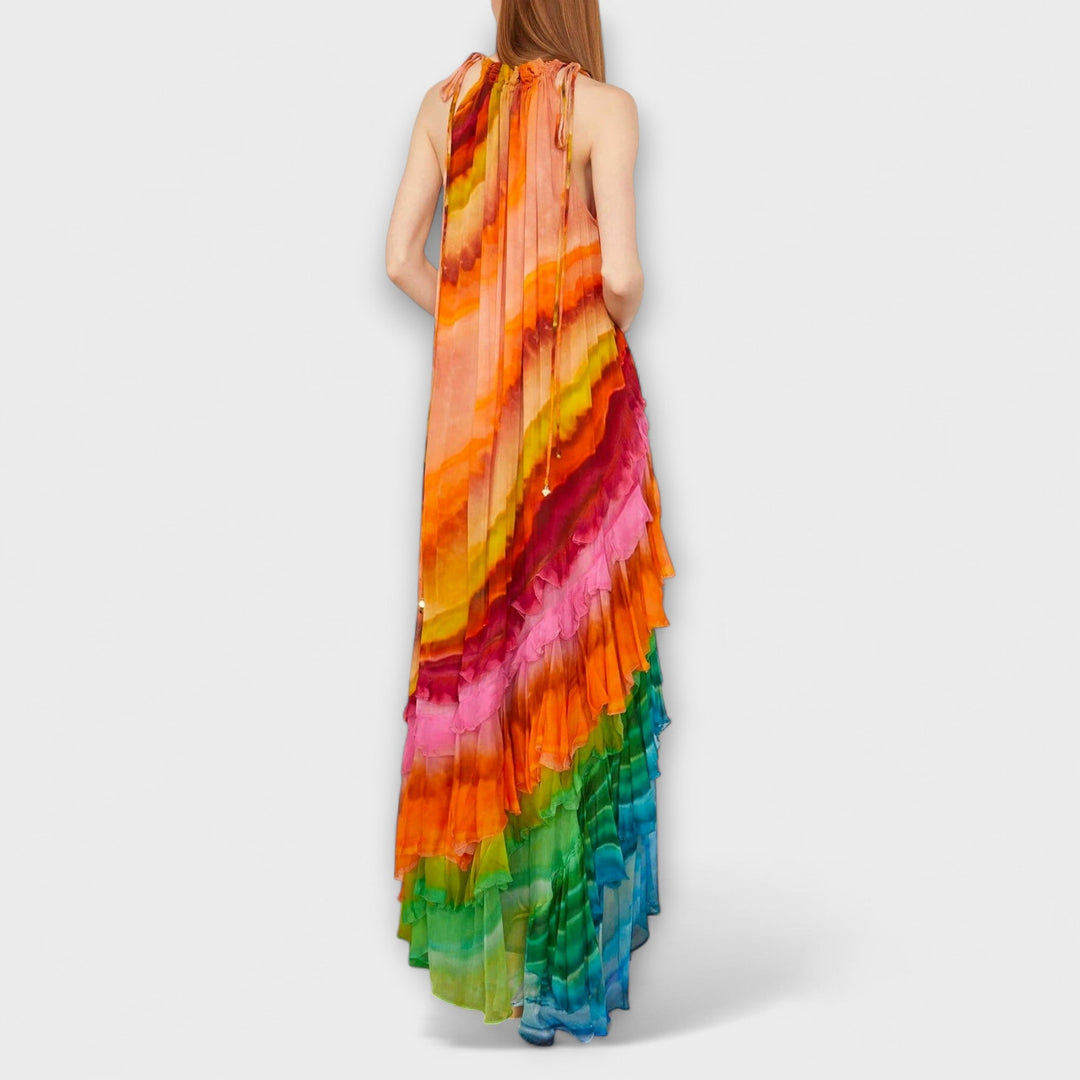 Iris - Regenbogenfarbenes Rüschen-Maxikleid