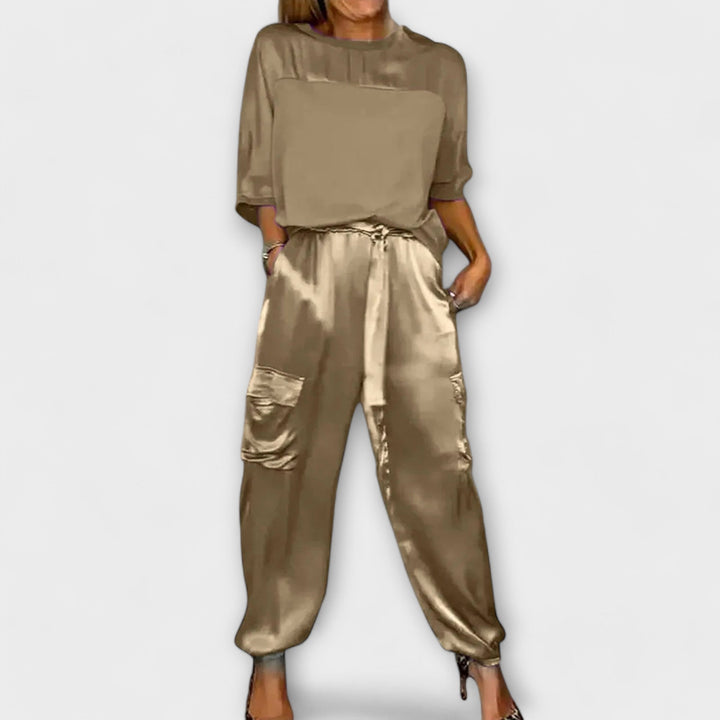 Khakifarbenes Satin-Set mit Top und Hose