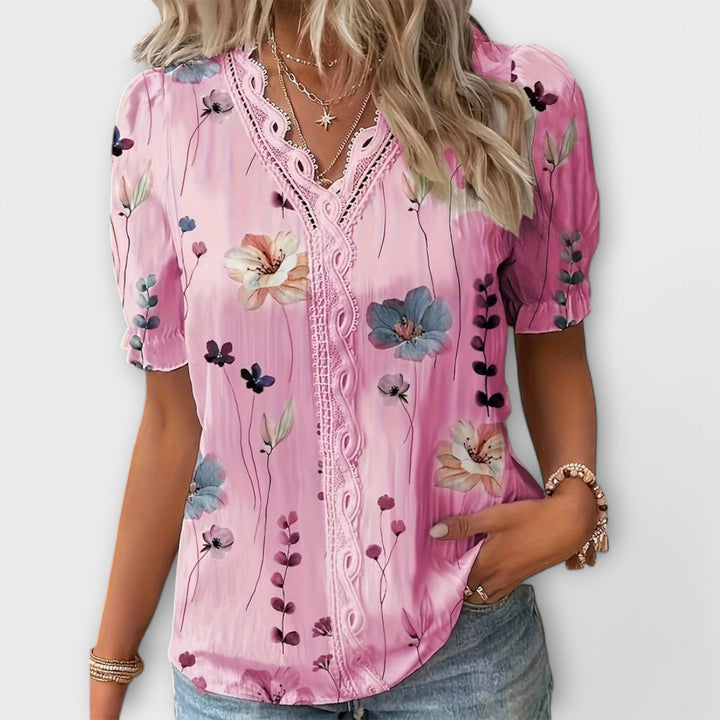 Emily - Rosa Bluse mit Blütenmuster und Spitze