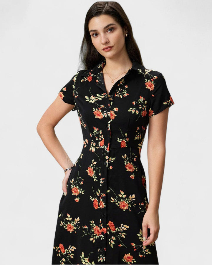 Glória - Schwarzes Midikleid mit Blütenmuster