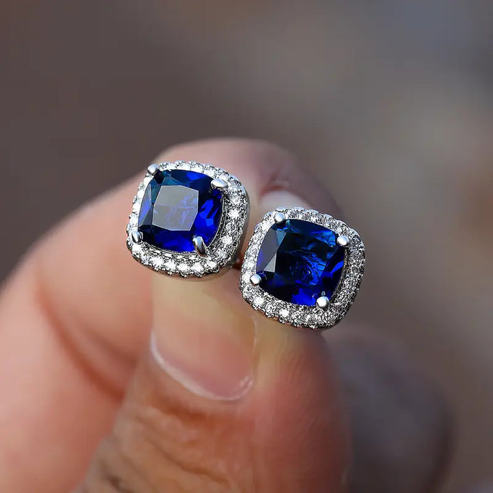 Silver Stud Earrings with Sapphire and Crystal Halo