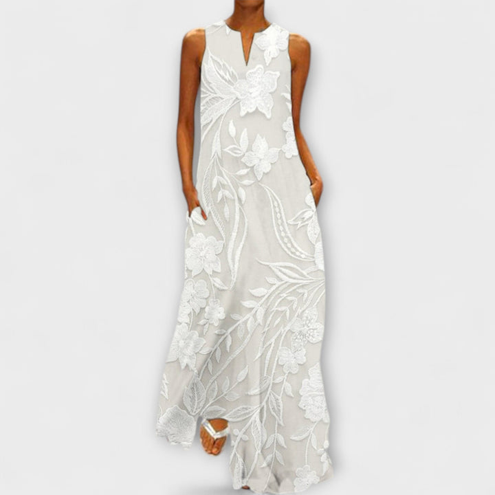Camila - Weisses botanisches Maxikleid mit Print