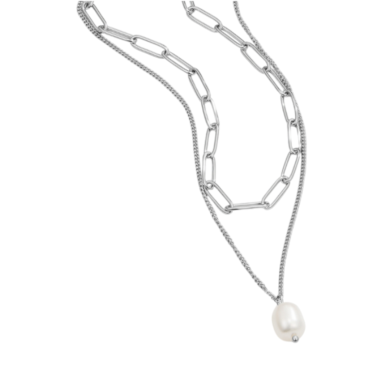 Silver Chain Necklace Íde with Pearl Drop
