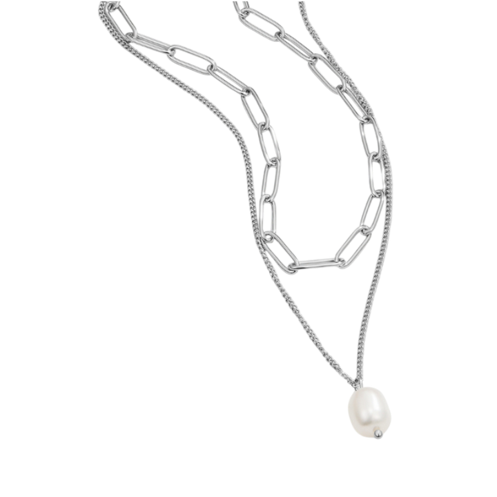 Silver Chain Necklace Íde with Pearl Drop