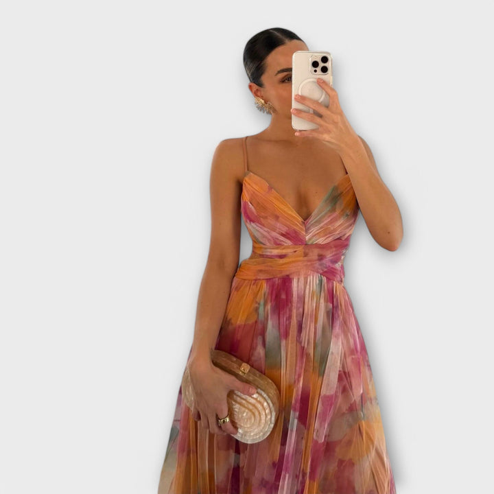 Annai - Rosa Mesh-Maxikleid mit Blütenmuster