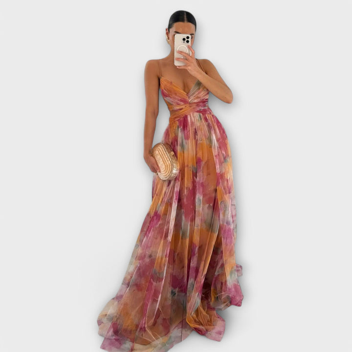 Annai - Rosa Mesh-Maxikleid mit Blütenmuster