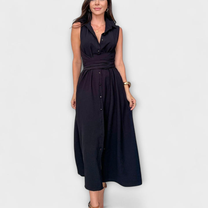 Mira - Dunkelblaues Midikleid mit Bindedetail