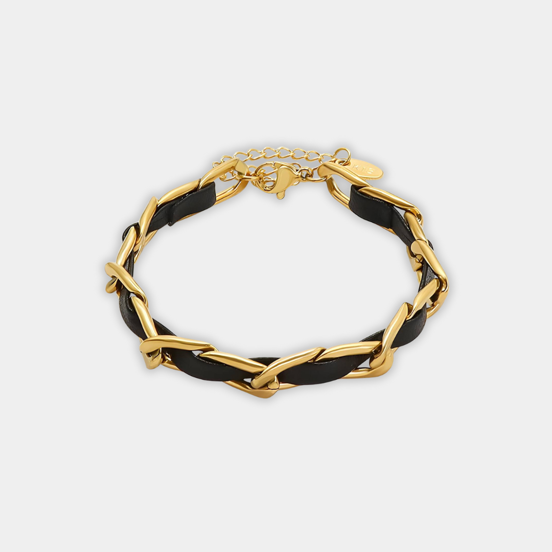 Gold Chain Bracelet Sadhbh with Black Leather