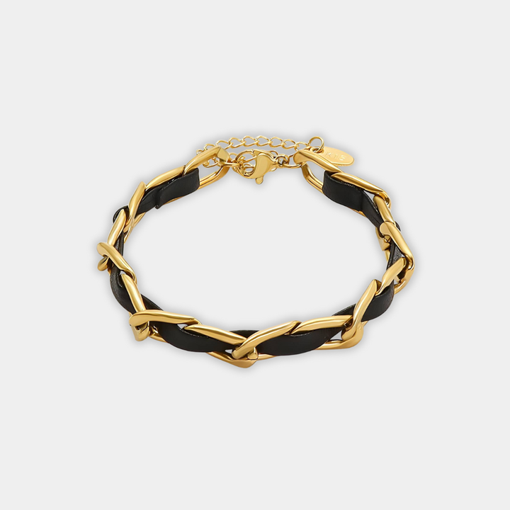 Gold Chain Bracelet Sadhbh with Black Leather