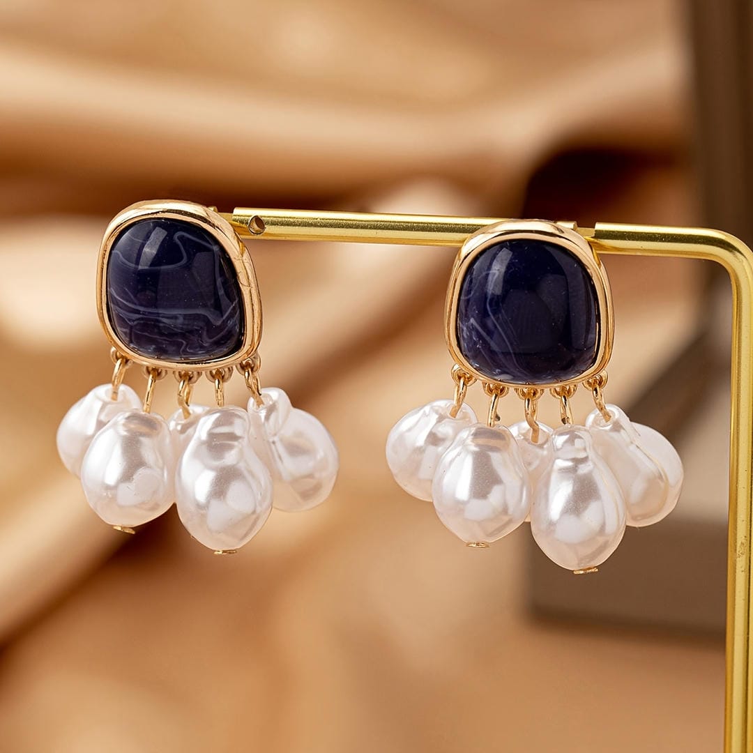 Gold Drop Earrings Darina with Blue Stone and Pearls