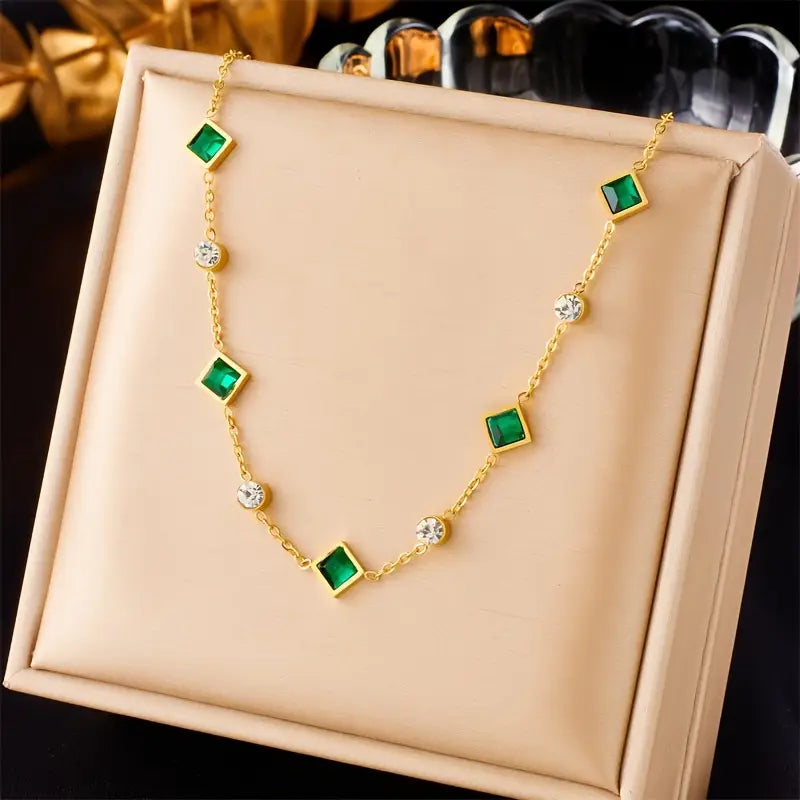 Gold Station Necklace Nuala with Emerald
