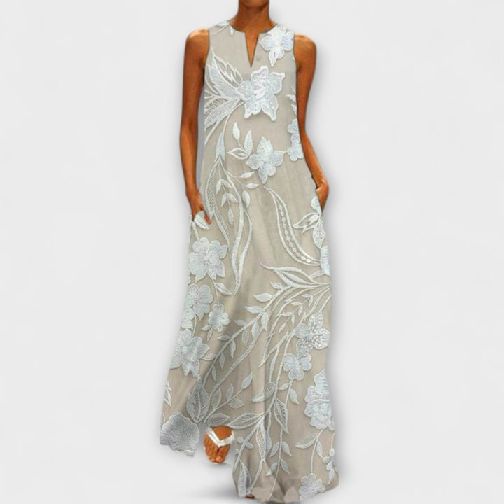 Camila - Weisses botanisches Maxikleid mit Print