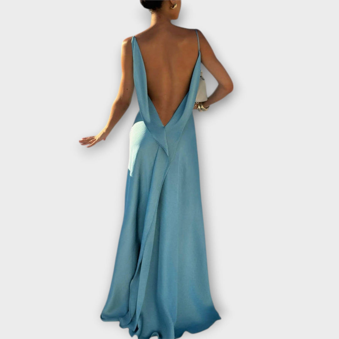 Hallie - Blaues Satin-Maxikleid mit hohem Schlitz