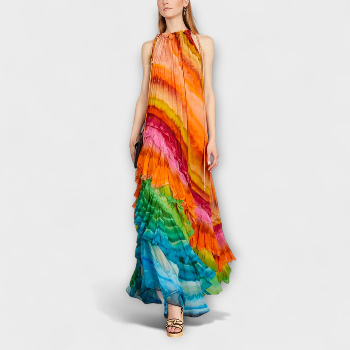 Iris - Regenbogenfarbenes Rüschen-Maxikleid