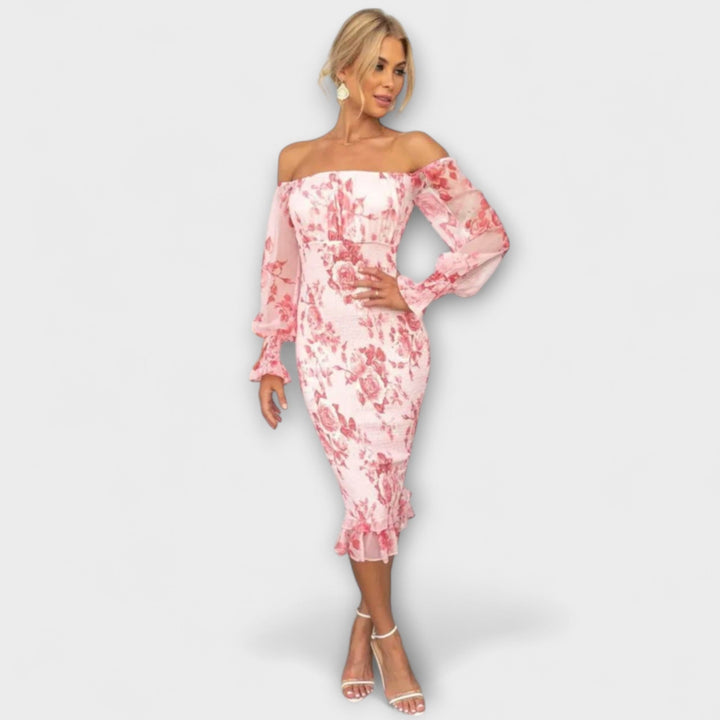 Dahlia - Rosa Off-Shoulder-Midikleid mit Blütenmuster