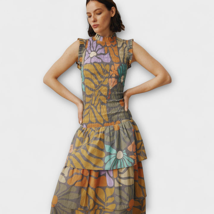 Mehrfarbiges botanisches Midikleid