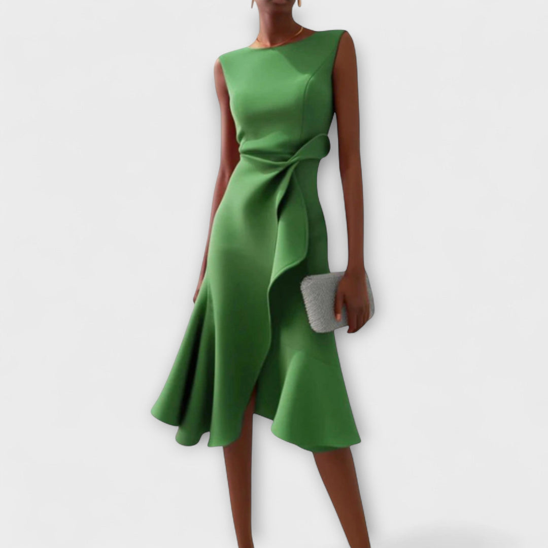 Juliette - Rostrotes drapiertes asymmetrisches Midikleid