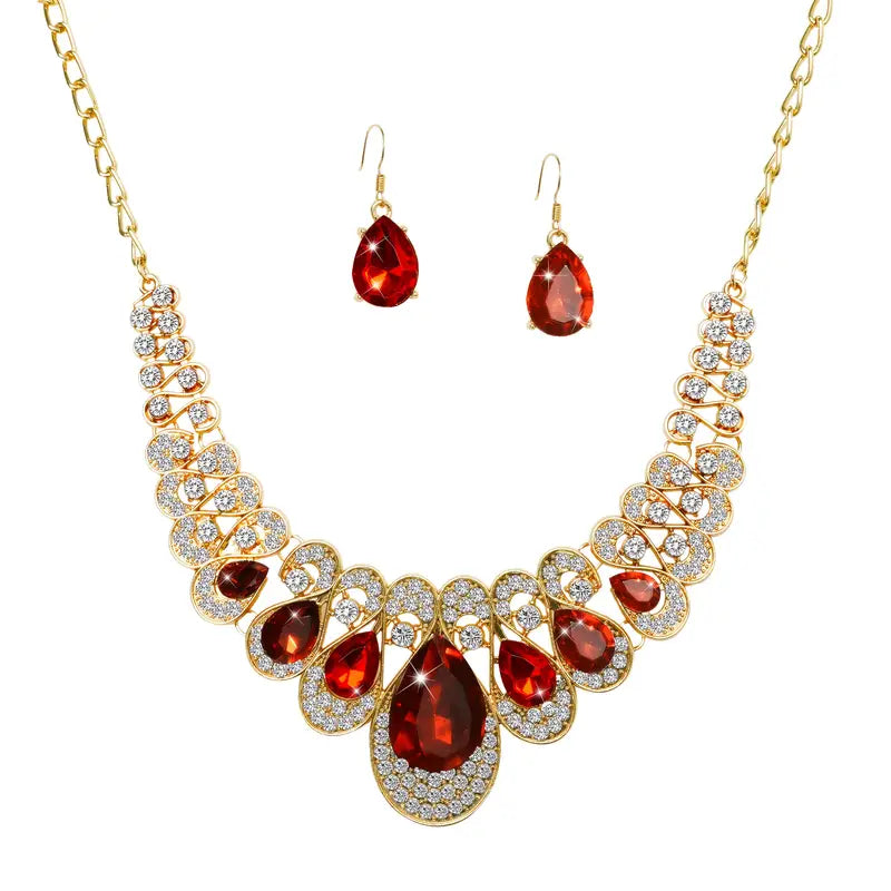Gold Necklace Set Emer with Red Ruby Teardrops