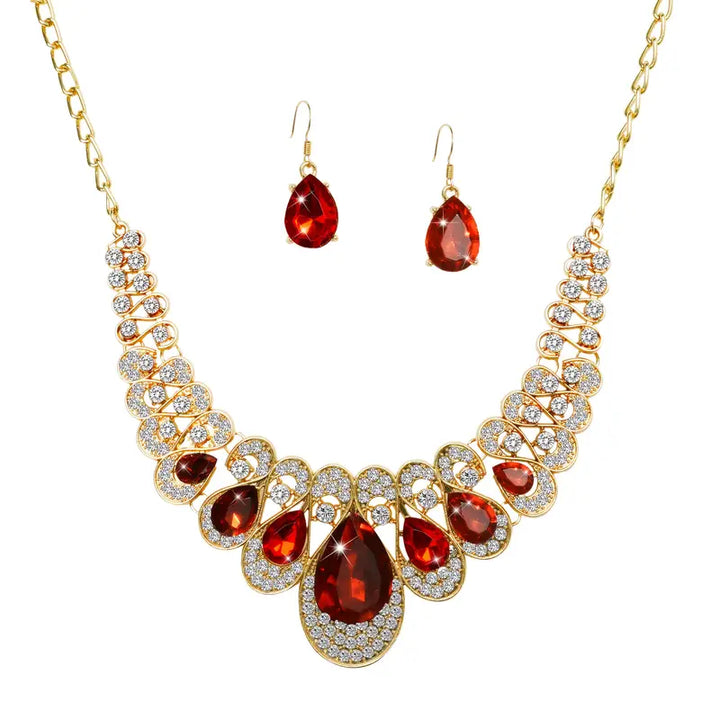 Gold Necklace Set Emer with Red Ruby Teardrops