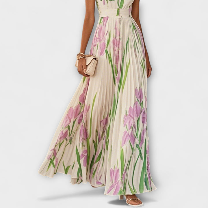 Penélope - Cremefarbenes Chiffon-Maxikleid mit Blüten