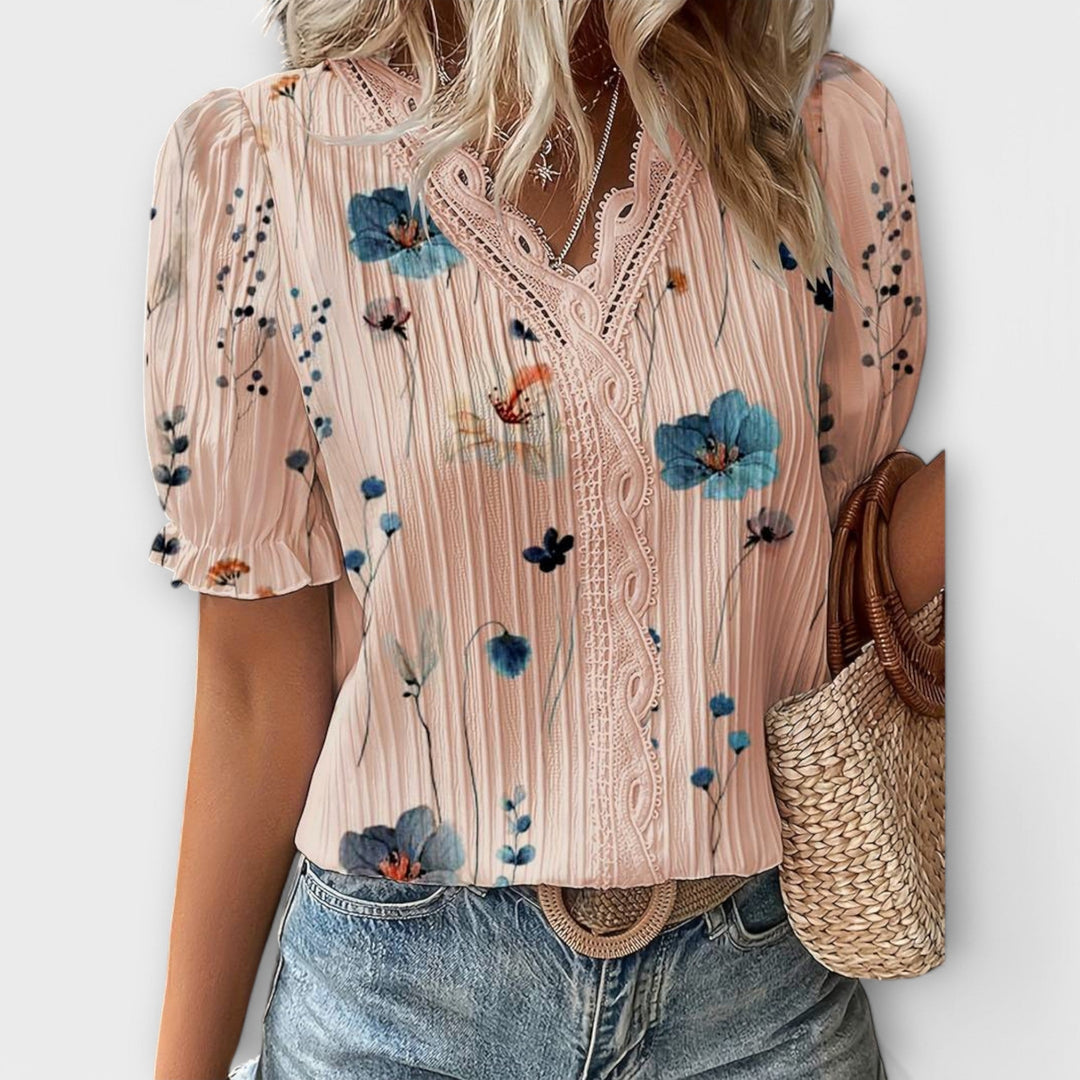 Emily - Rosa Bluse mit Blütenmuster und Spitze