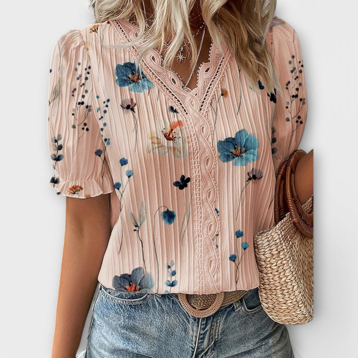 Emily - Rosa Bluse mit Blütenmuster und Spitze