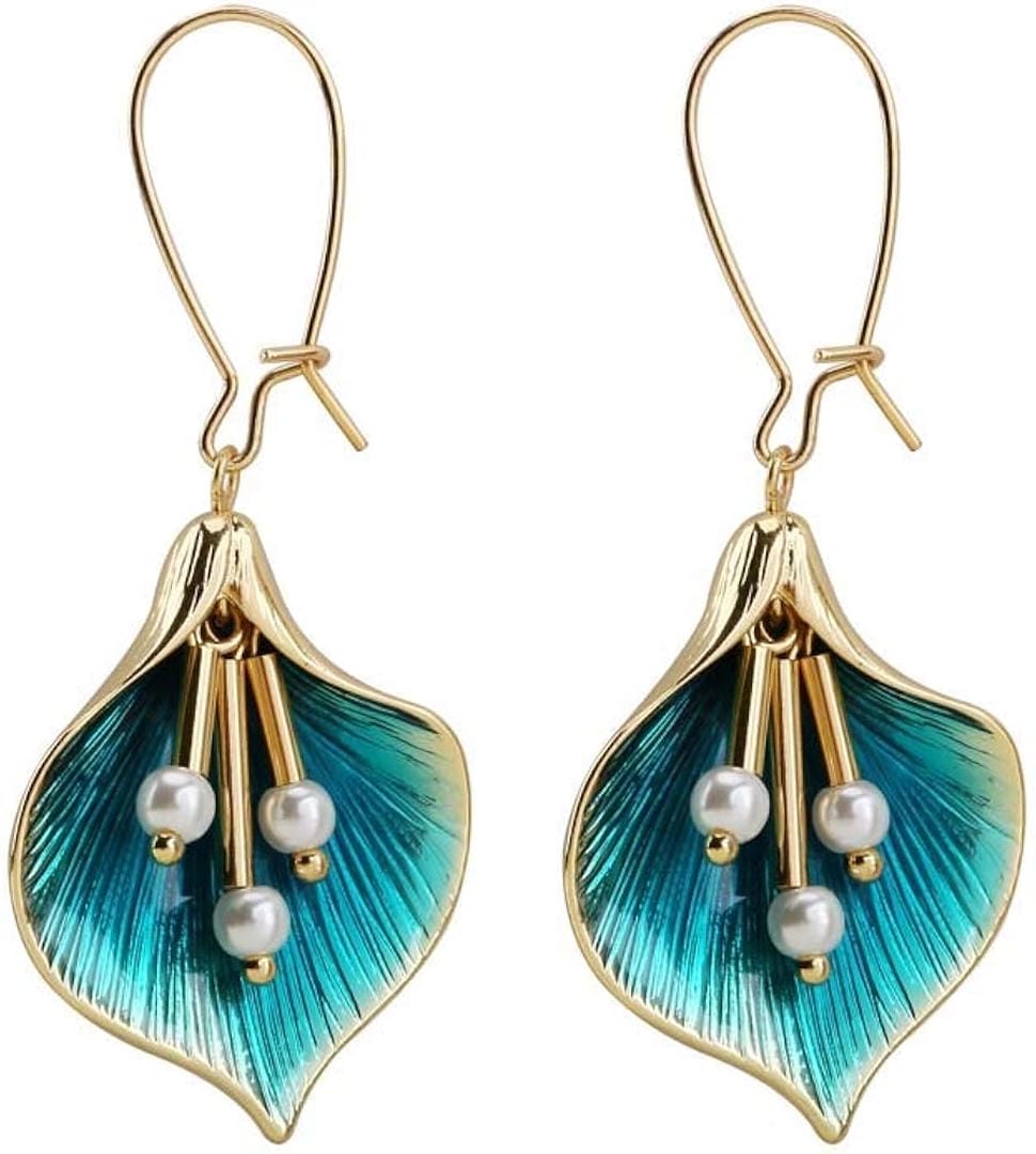 Gold Drop Earrings Aoife with Blue Lily and Pearls