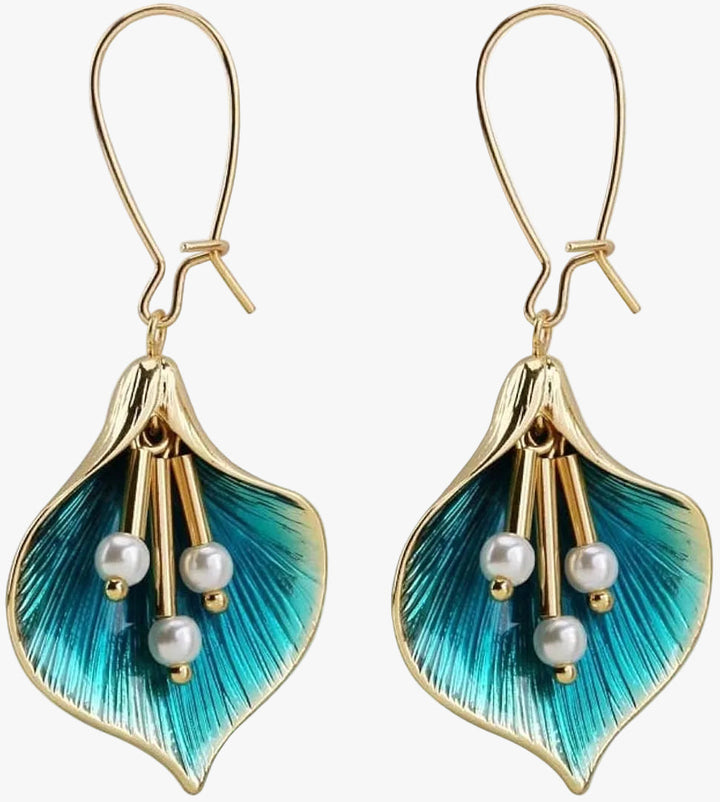Gold Drop Earrings Deirbhile with Blue Lily and Pearls