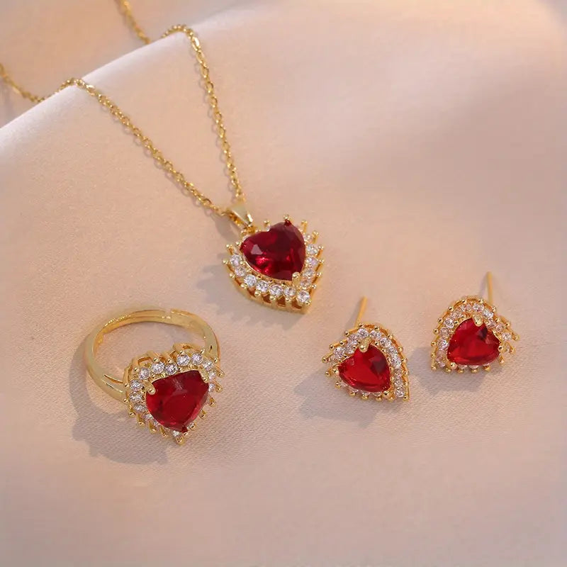Gold Necklace Set Méabh with Ruby Hearts