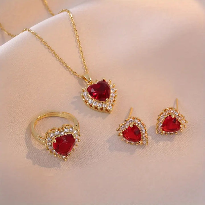 Gold Necklace Set Méabh with Ruby Hearts