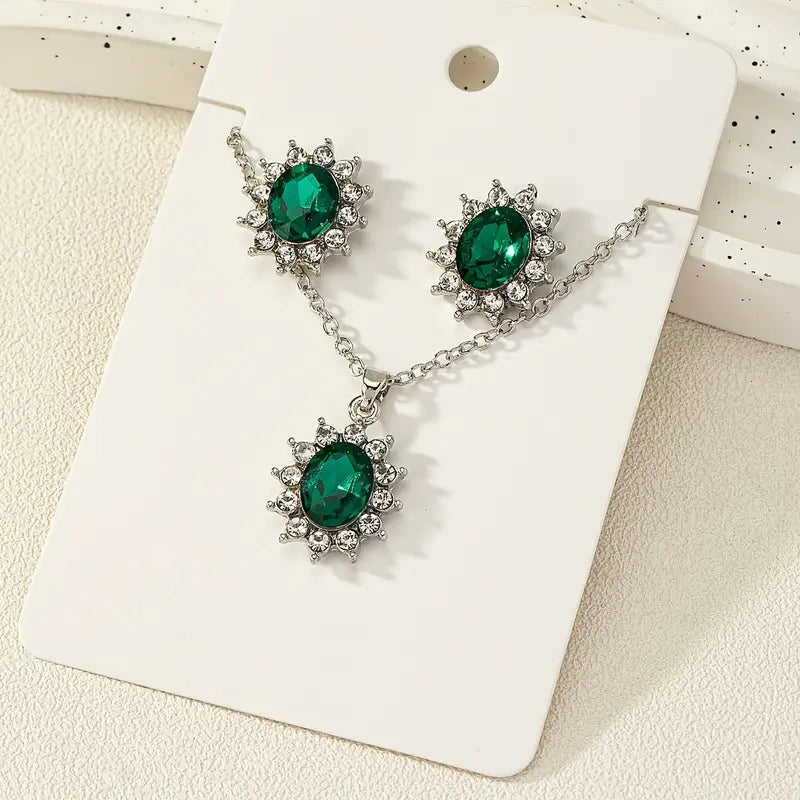 Silver Jewellery Set Siobhán with Green Oval Stones