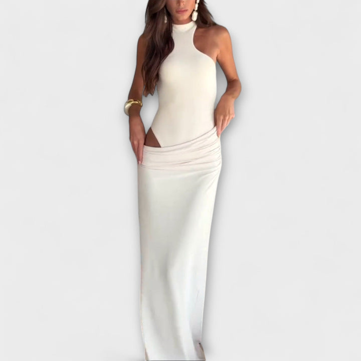 Minna - Cremefarbenes ärmelloses Cut-Out-Maxikleid