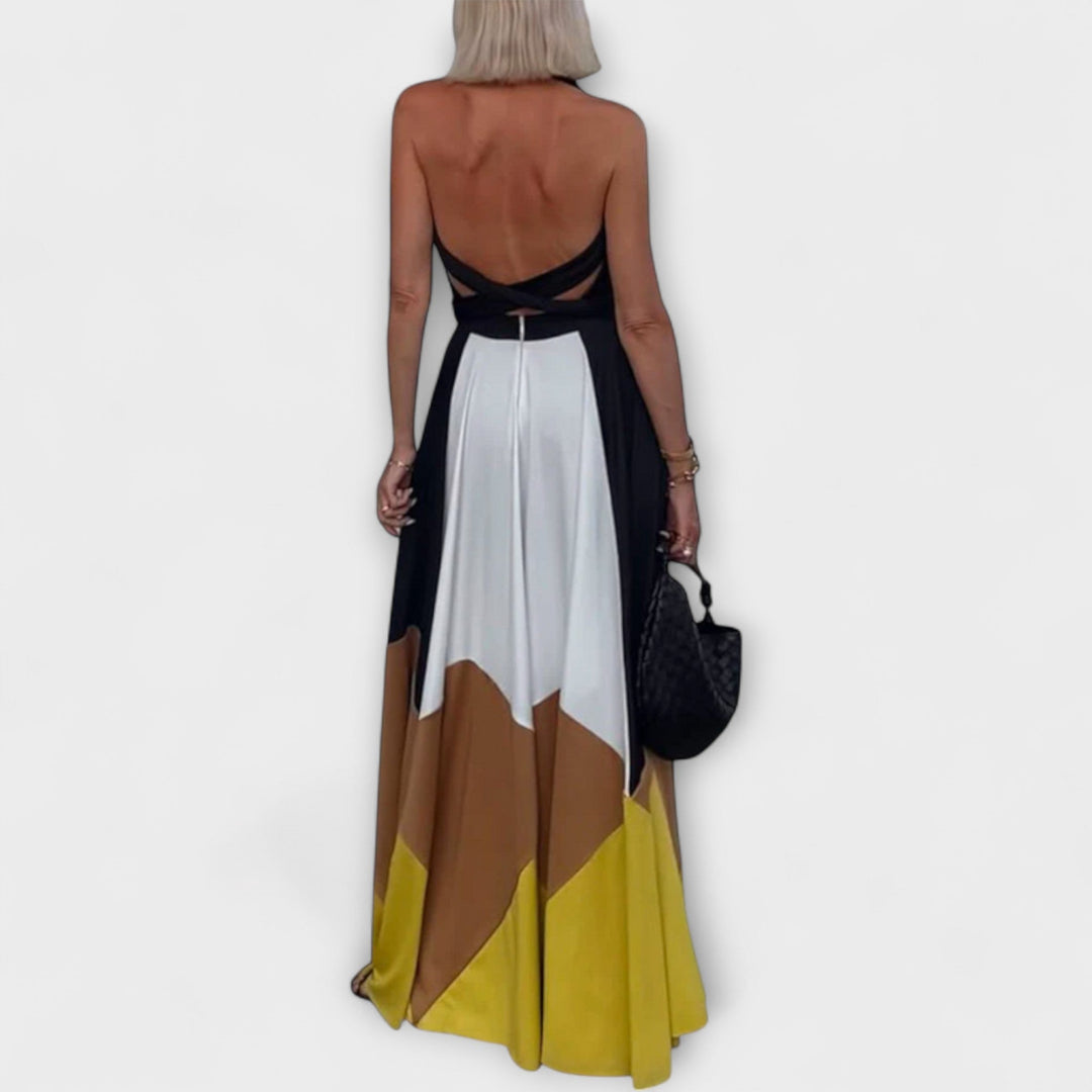 Nava - Schwarz-cremes Maxikleid mit Farbblock