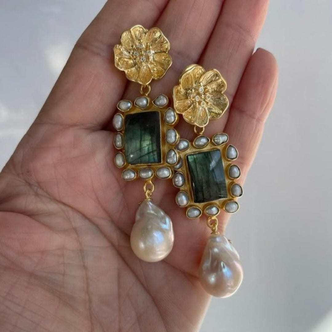 Gold Drop Earrings with Flower Motif and Labradorite