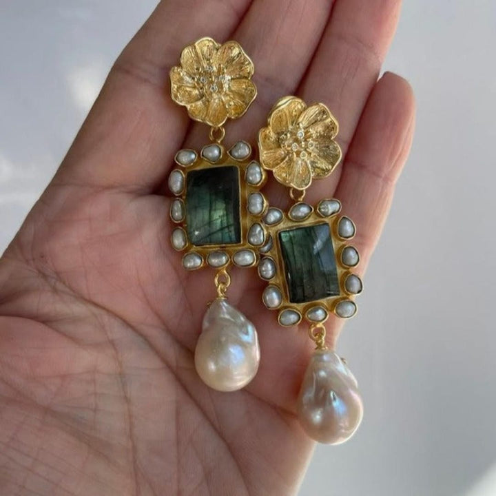 Gold Flower Drop Earrings with Labradorite and Pearl