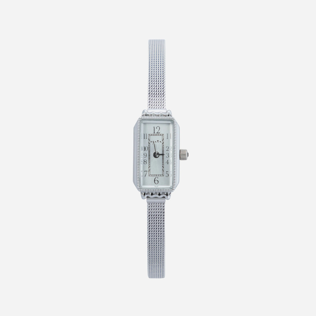 Silver Watch Íde with Rectangular Case and Mesh Strap